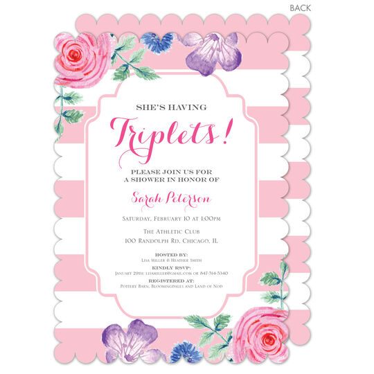 Pink Vintage Flower Triplets Shower Invitations
